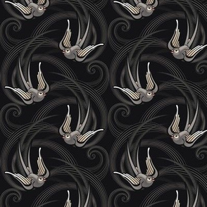 ★ SWALLOW TATTOO ★ Gray on Black, Small Scale / Collection : Swallows & Polka Dots – Rockabilly Prints