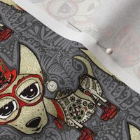 Steampunk Chihuahua victorian ornate, small scale, gray grey red beige