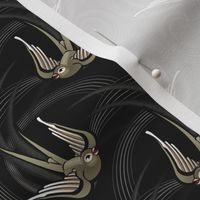 ★ SWALLOW TATTOO ★ Dark Olive on Black, Small Scale / Collection : Swallows & Polka Dots – Rockabilly Prints