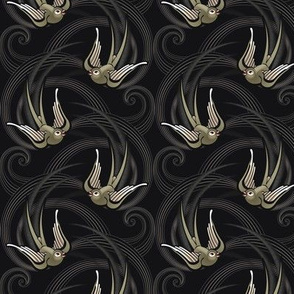 ★ SWALLOW TATTOO ★ Dark Olive on Black, Small Scale / Collection : Swallows & Polka Dots – Rockabilly Prints