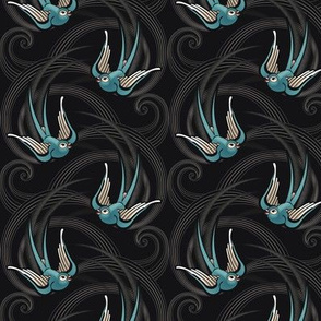 ★ SWALLOW TATTOO ★ Teal on Black, Small Scale / Collection : Swallows & Polka Dots – Rockabilly Prints
