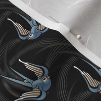 ★ SWALLOW TATTOO ★ Blue on Black, Small Scale / Collection : Swallows & Polka Dots – Rockabilly Prints