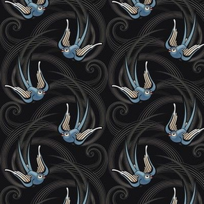 ★ SWALLOW TATTOO ★ Blue on Black, Small Scale / Collection : Swallows & Polka Dots – Rockabilly Prints