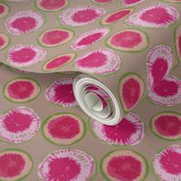 Sliced Watermelon Radishes on Linen Background
