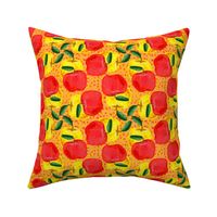 Red and Yellow Apples on Red and Yellow Mesh Background
