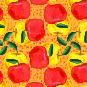 Red and Yellow Apples on Red and Yellow Mesh Background