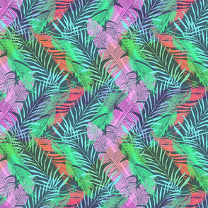 Colorful tropical background with banana and palm leaves