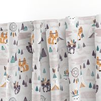 Tribal Woodland - SMALL - cute animals - boys green beige