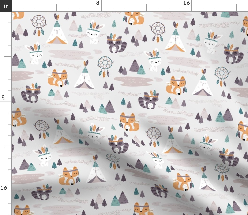 Tribal Woodland - SMALL - cute animals - boys green beige