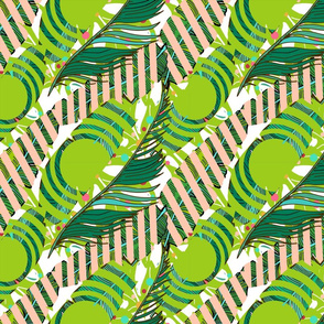 Abstract tropical pattern with palm leaves, green circles and pink stripes. 