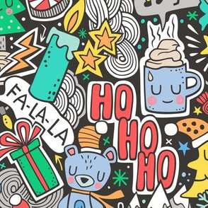 Crazy Holidays Winter Things Christmas Fabric Doodle  with Blue Larger