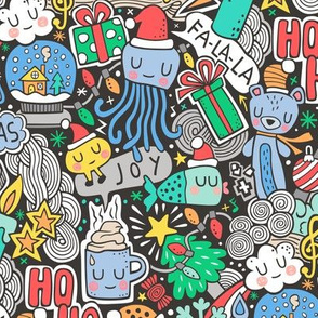 Crazy Holidays Winter Things Christmas Fabric Doodle  with Blue 