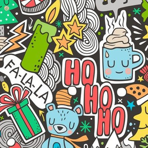 Crazy Holidays Winter Things Christmas Fabric Doodle  Blue & Green Larger