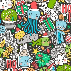 Crazy Holidays Winter Things Christmas Fabric Doodle  Blue & Green