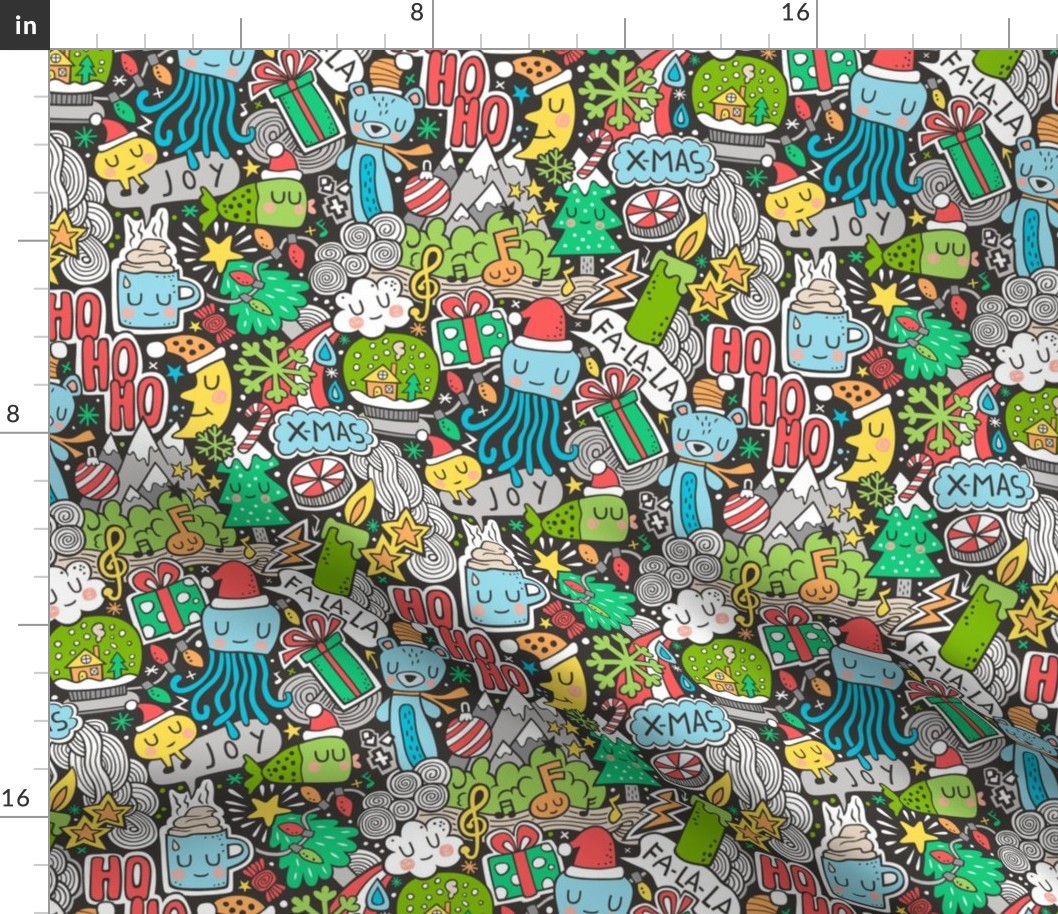 Crazy Holidays Winter Things Christmas Fabric Doodle  Blue & Green