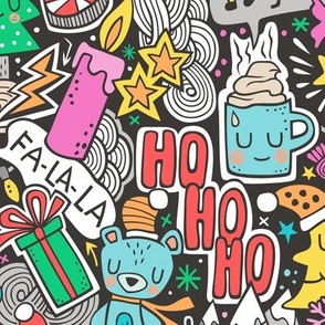 Crazy Holidays Winter Things Christmas Fabric Doodle  Blue & Pink Larger