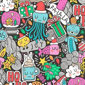 Crazy Holidays Winter Things Christmas Fabric Doodle  Blue & Pink 