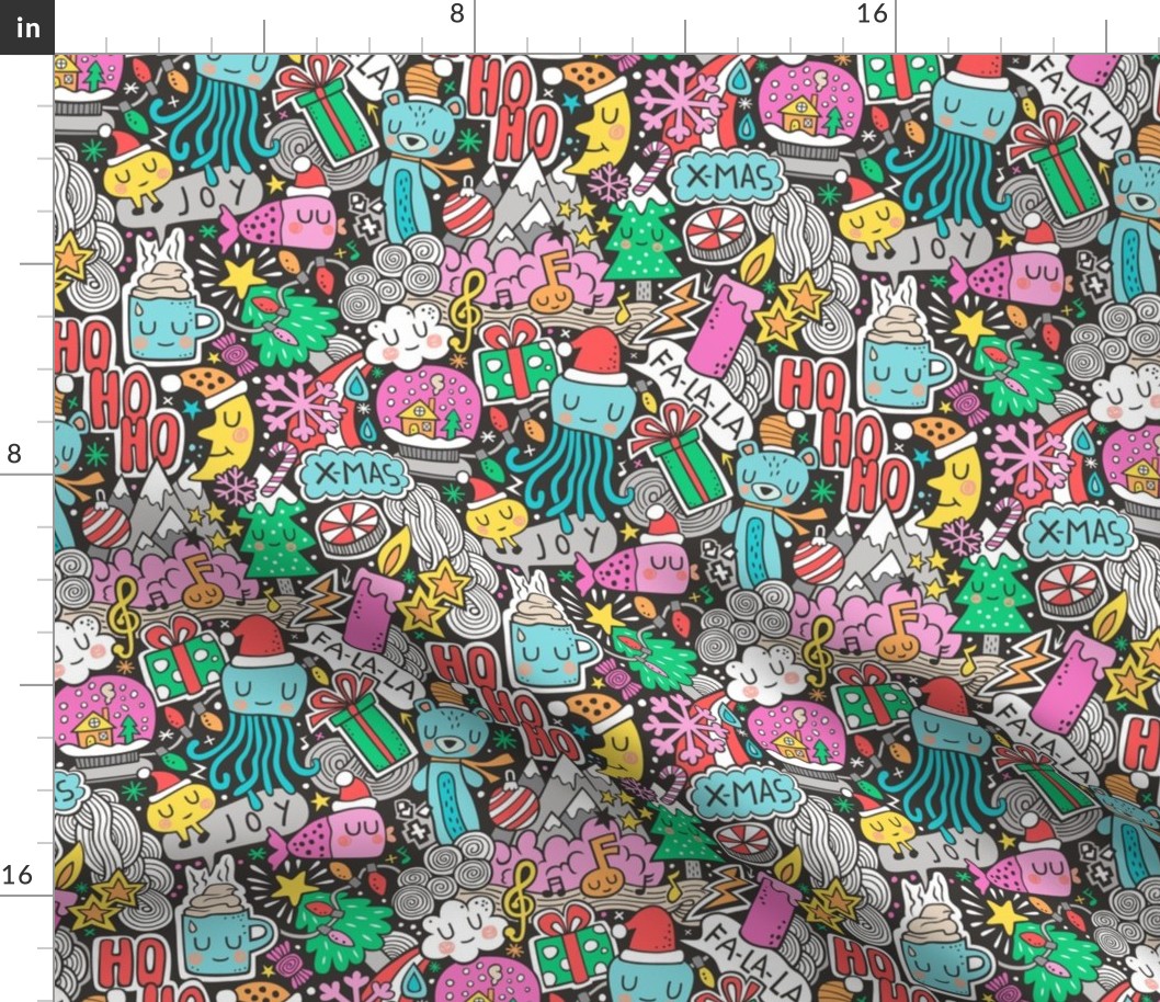 Crazy Holidays Winter Things Christmas Fabric Doodle  Blue & Pink 