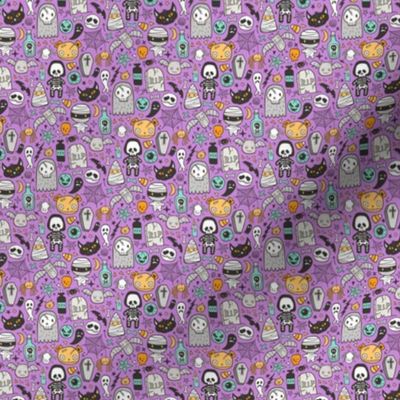 Halloween Doodle Skulls,Spiders,Skeleton,Bat, Ghost,Web, Zombies on Purple Tiny Small