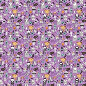 Halloween Doodle Skulls,Spiders,Skeleton,Bat, Ghost,Web, Zombies on Purple Tiny Small