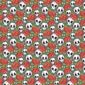 Skulls and Roses Red on Dark Grey Tiny Small