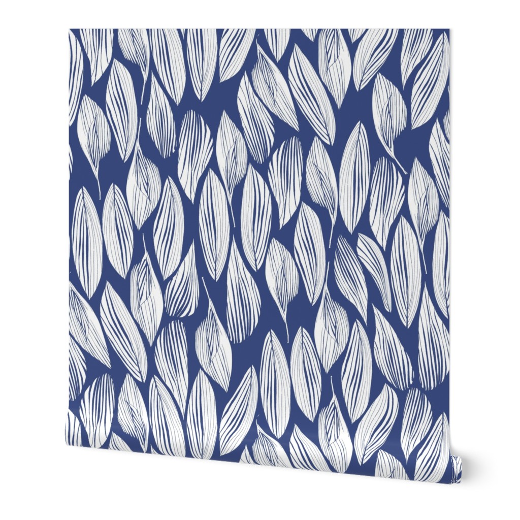 Palm Leaves White on Faded Indigo 300L