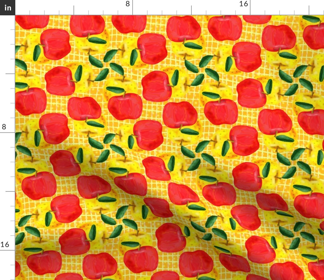 Red and Yellow Apples on Golden Yellow Mesh