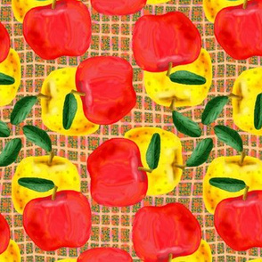 Red and Yellow Apples on Peach and Green Mesh