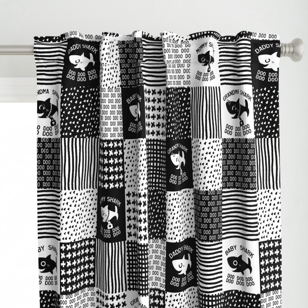 Baby Shark Family Cheater Quilt black and white