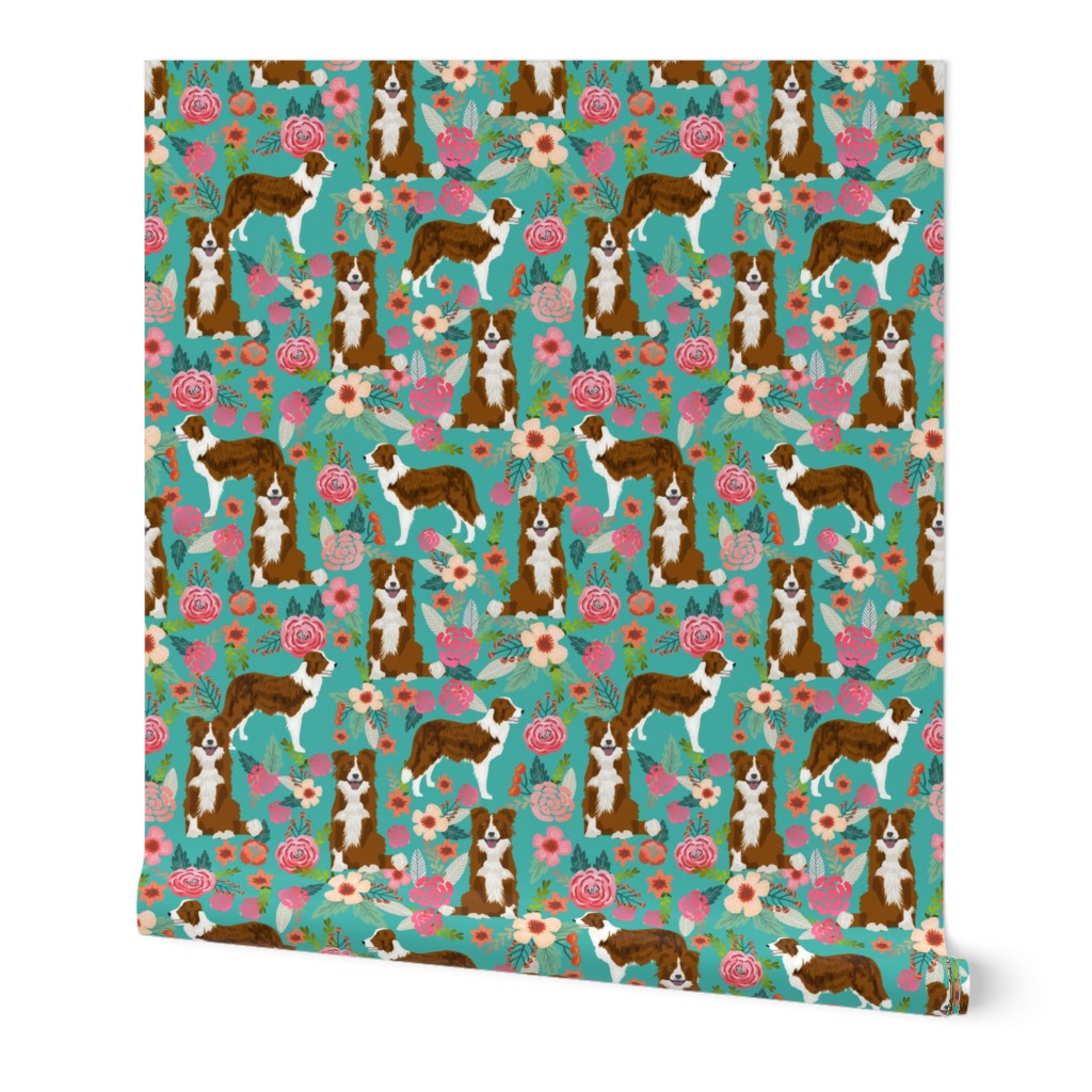 red border collie dog florals - floral dog, turquoise