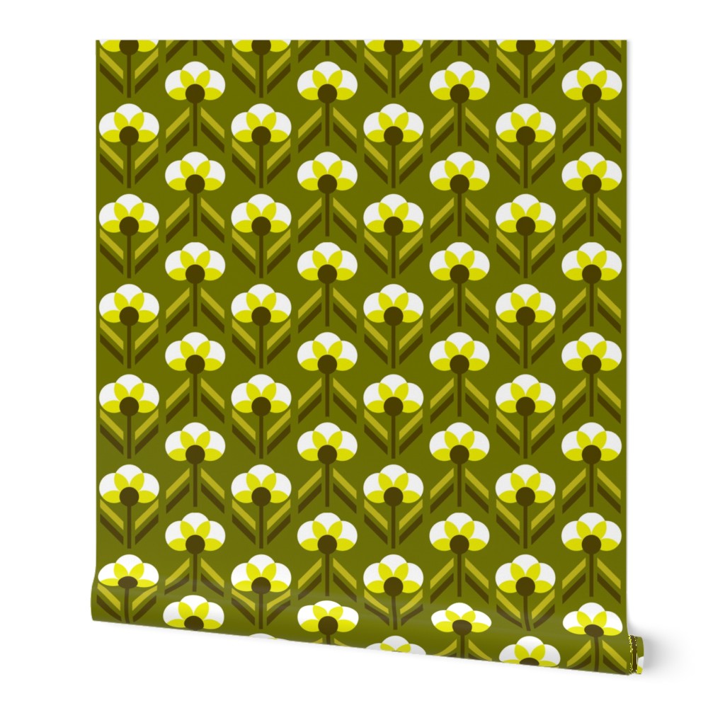 Retro 70s flowers neon olive green Art Deco