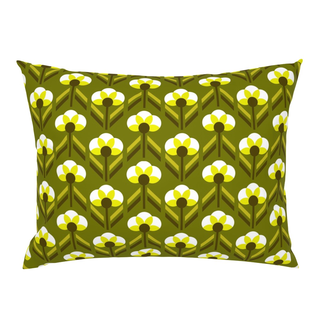 Retro 70s flowers neon olive green Art Deco