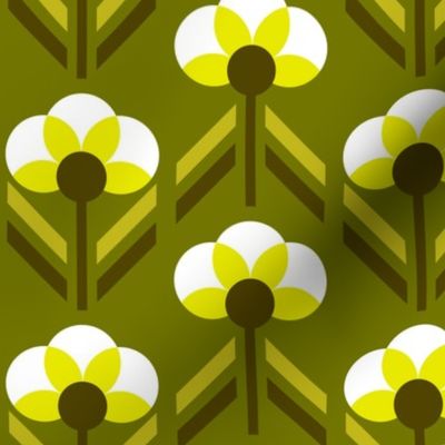 Retro 70s flowers neon olive green Art Deco