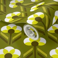 Retro 70s flowers neon olive green Art Deco