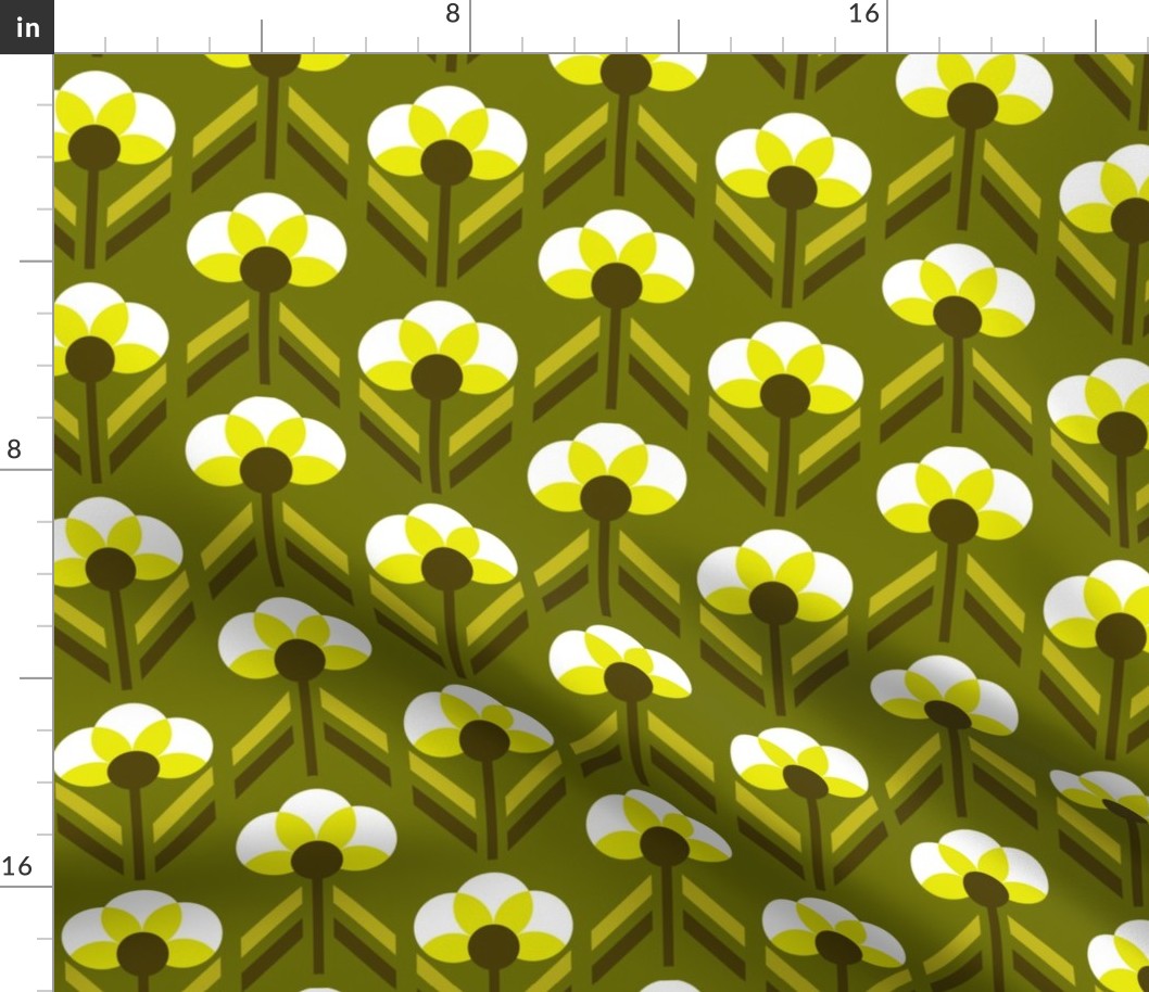 Retro 70s flowers neon olive green Art Deco