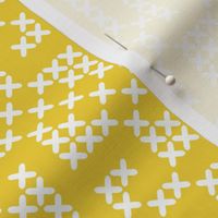 Cross-stitch geometrics Illuminating Yellow farmhouse Wallpaper