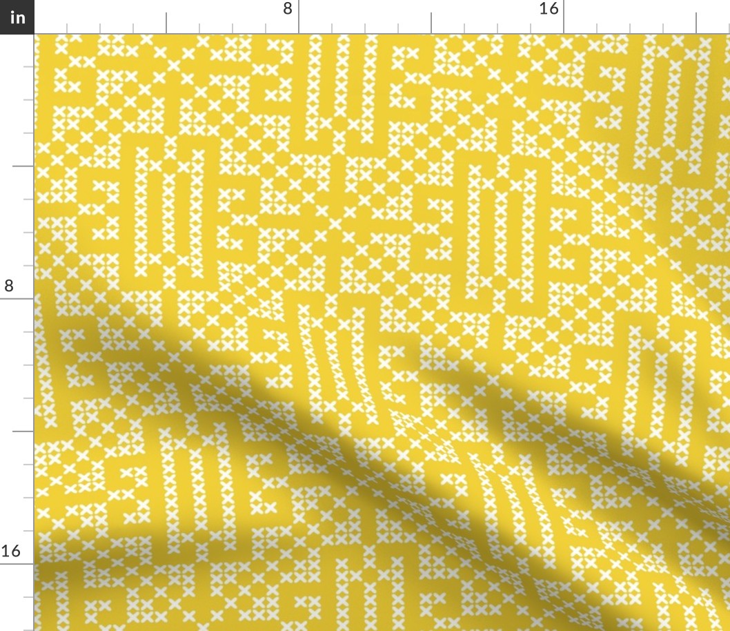 Cross-stitch geometrics Illuminating Yellow farmhouse Wallpaper