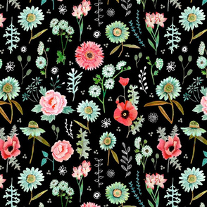 Field Flowers | black  // pink & green floral girls room nursery decor little girls fabric