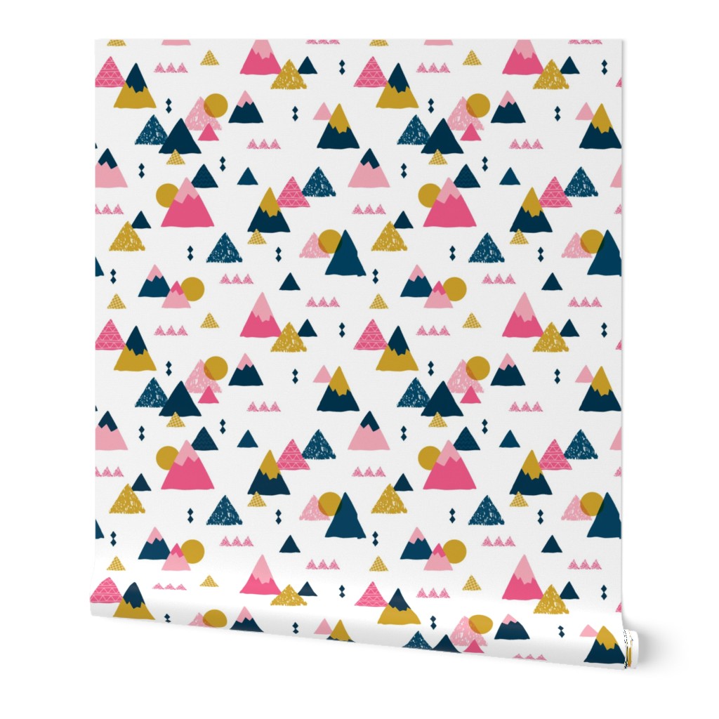 Geometric fuji japan mountain illustration winter woodland girls pink blue