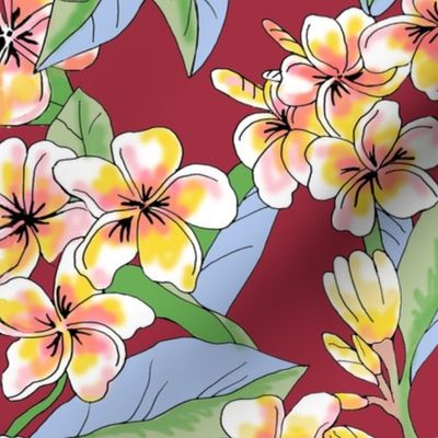 Vintage Plumeria-red bkgd.