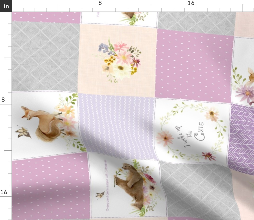 Forest Friends Quilt Panel ROTATED - Bear Fox Deer Flowers, Purple Lavender Lilac + Gray - LULA Pattern B