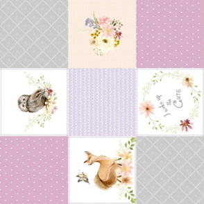 Cute Forest Patchwork Cheater Quilt ROTATED - Fox Owl Squirrel Flowers, Purple Lavender Lilac + Gray - LULA Pattern  C