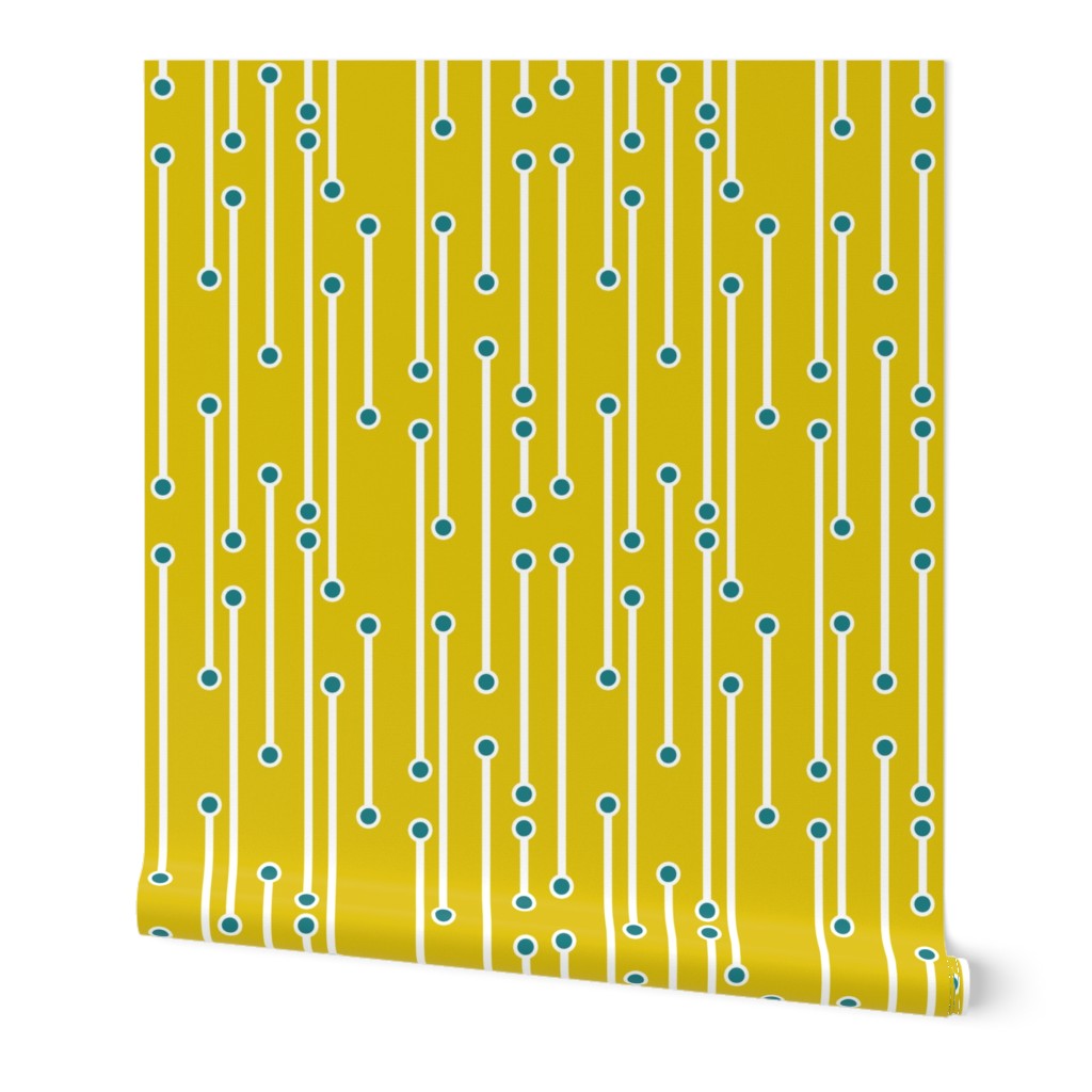 dotted lines in white and teal on mustard