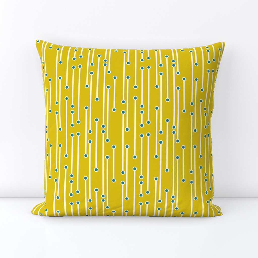 dotted lines in white and teal on mustard