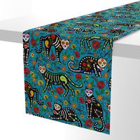 Calavera cats on blue (large scale)