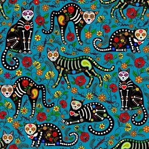 Calavera cats on blue (small scale)