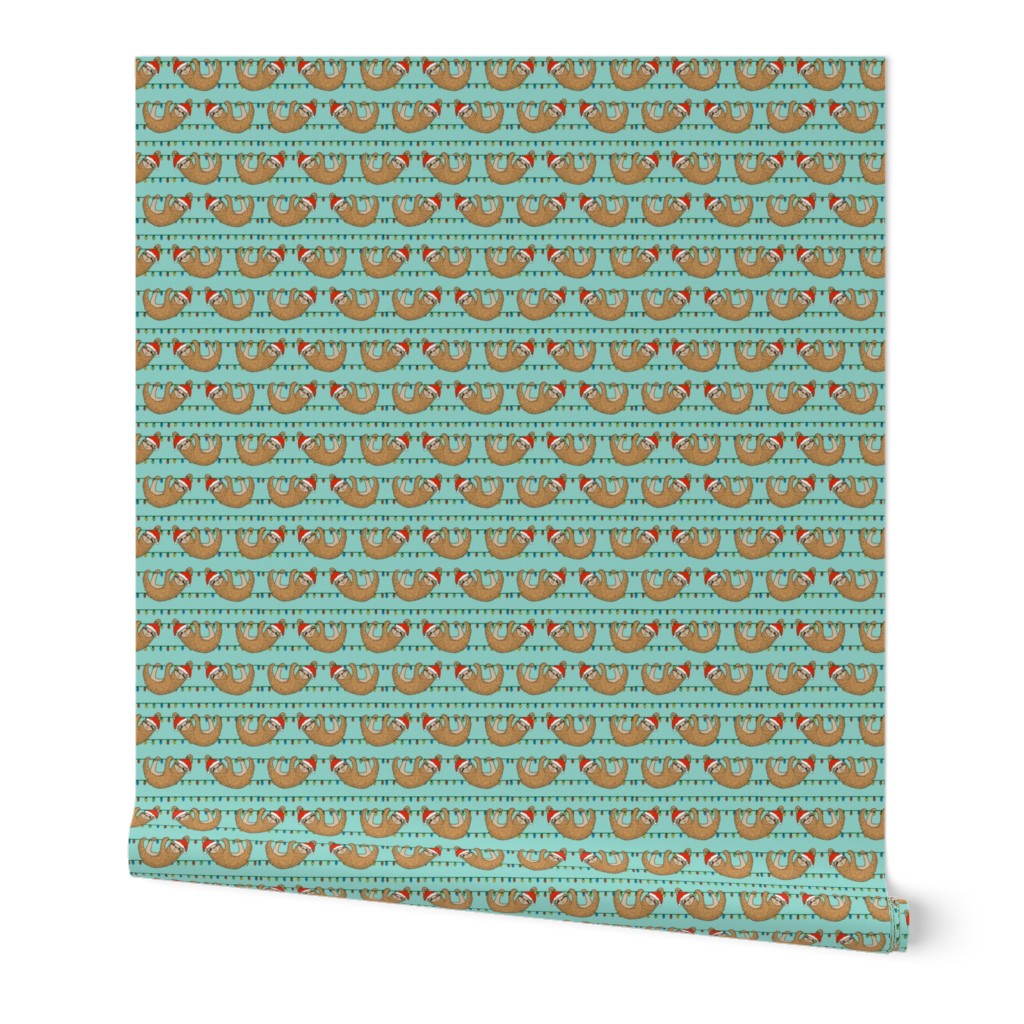 SMALL - christmas sloth // cute xmas holiday christmas fabric, sloth, father christmas, santa claus, cute animals - blue