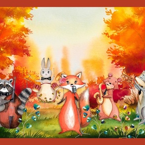 FQ PANEL AUTUMN FOREST WOODLAND ANIMALS MUSIC ORCHESTRA