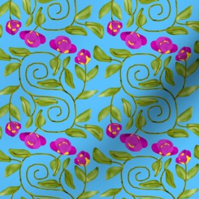Double Spiral Retro Bicolor Flowers on Blue