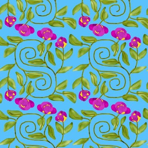 Double Spiral Retro Bicolor Flowers on Blue